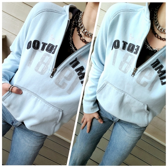 LIMITED TOO Authentic Y2K Baby Blue Text Graphic Pullover Half-zip Hoodie ❄⛄ - Picture 2 of 16